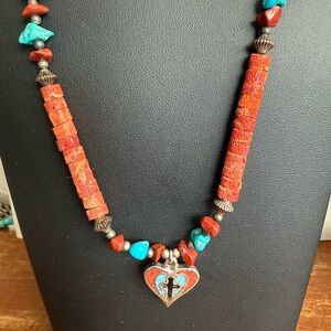 Vintage Silver Tone Heart Cross  Turquoise, Coral ,Unique Necklace